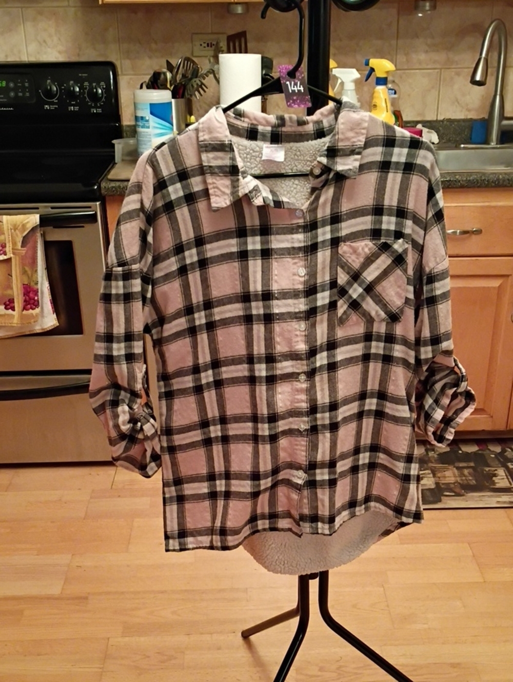 No Boundaries Pink, Black & White Plaid Faux Sherpa Lined Flannel Button Down